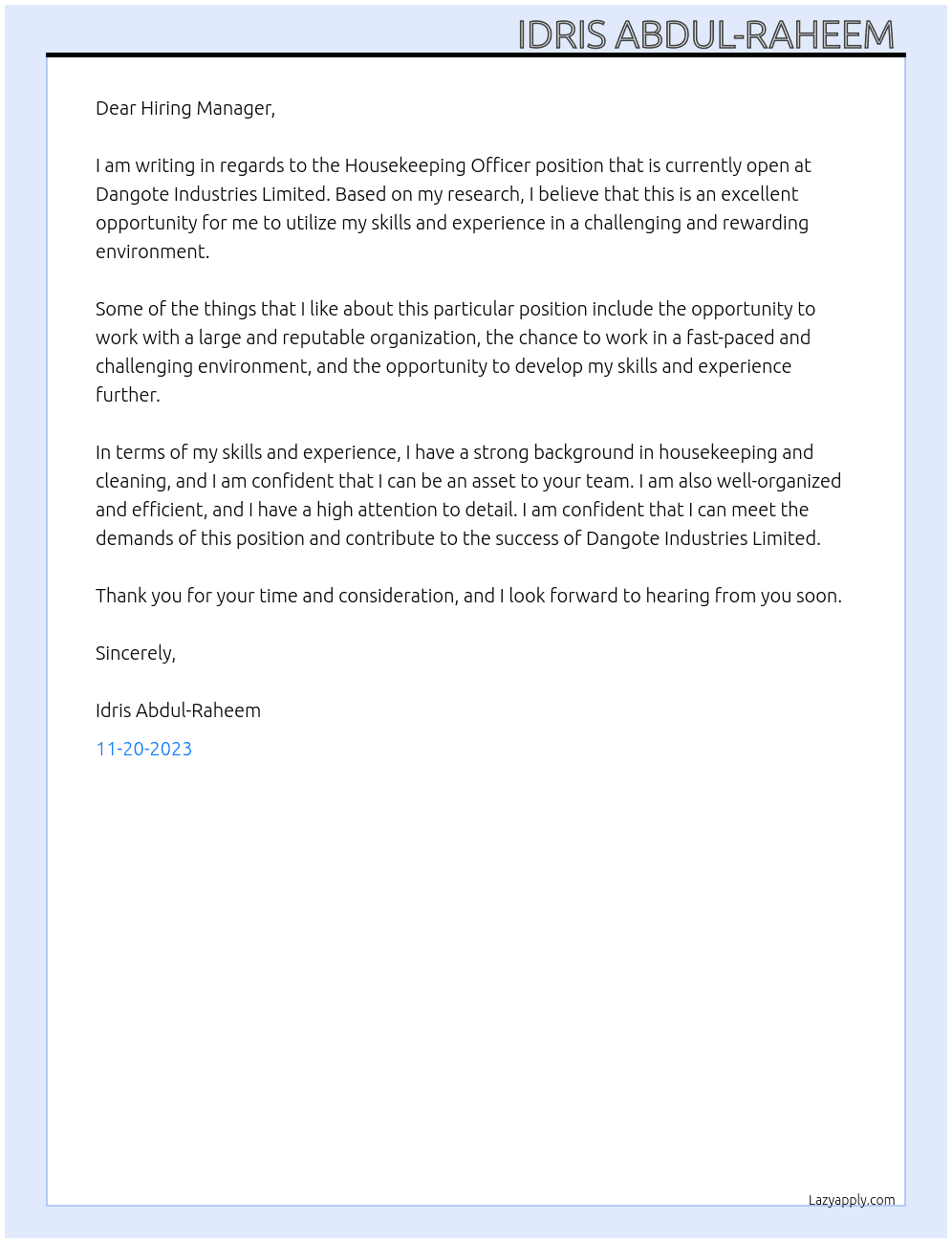 House keeping Officer  At Dangote Industries Limited  Cover Letter