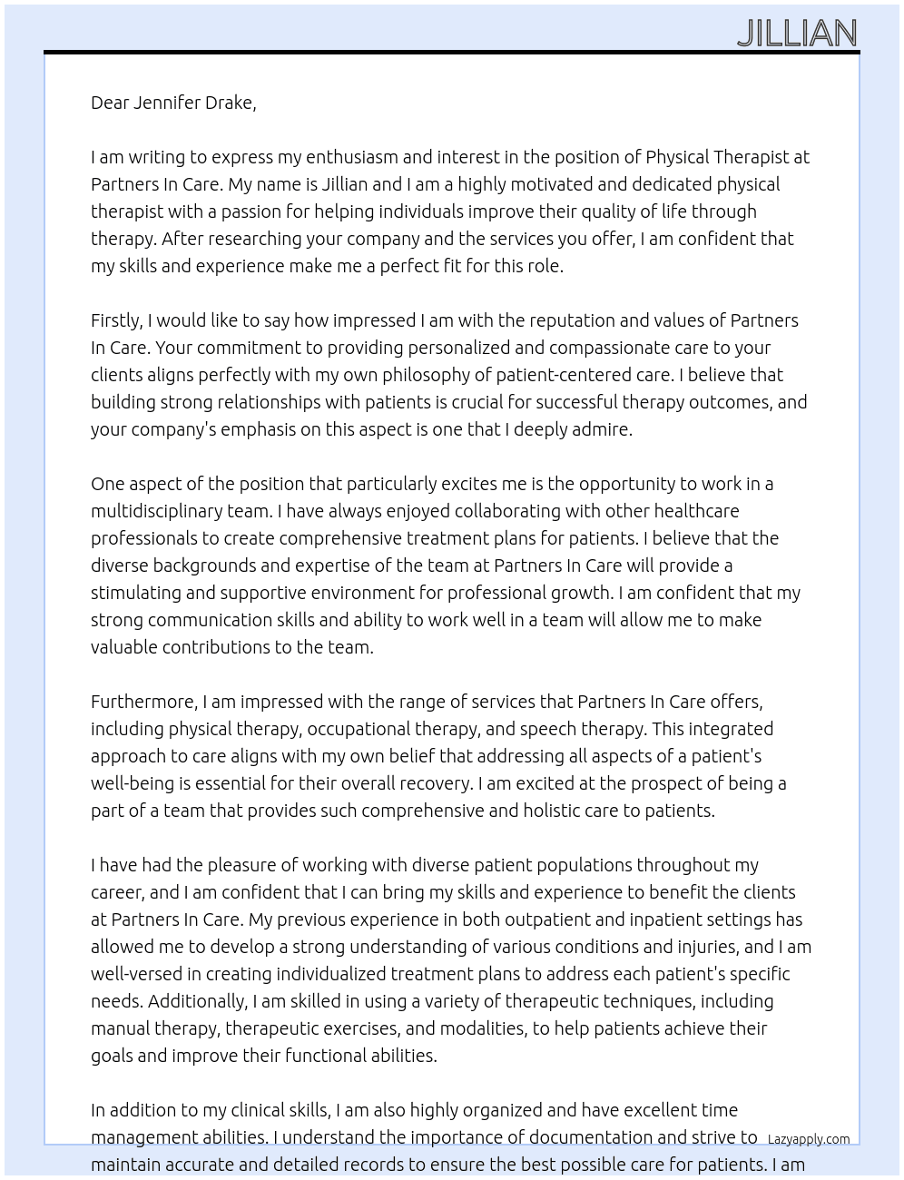 physical therapist At Partners In Care Cover Letter
