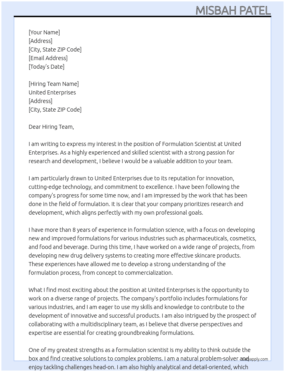 Formulation scientist At United enterprises Cover Letter