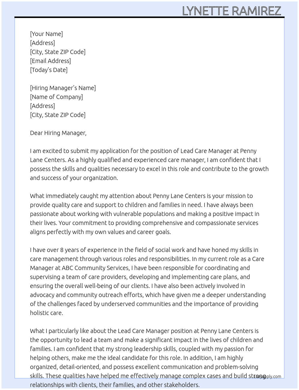 Lead Care Manager At Penny Lane Centers  Cover Letter