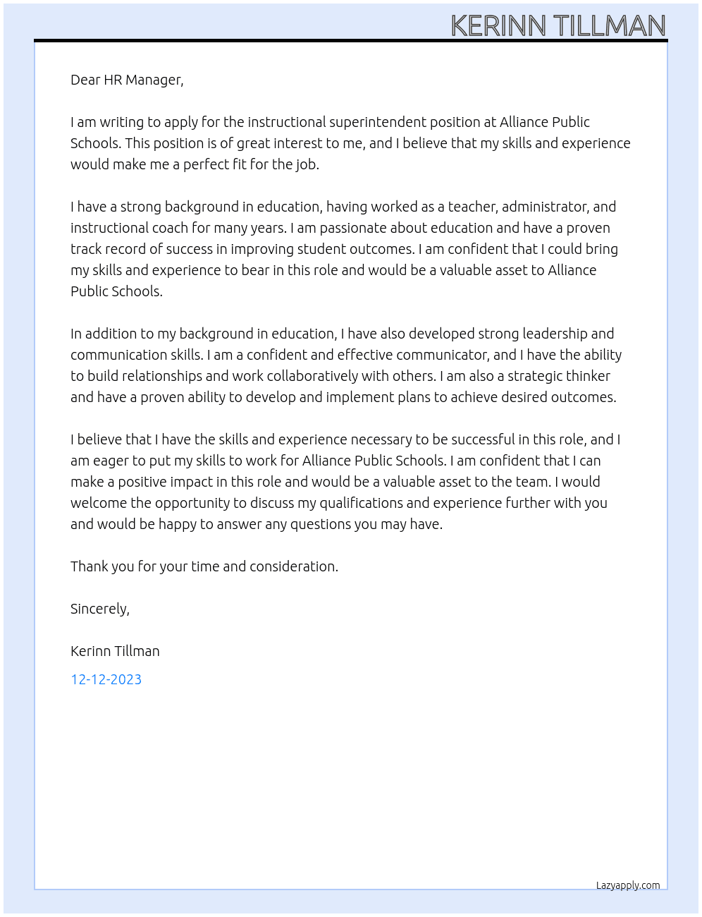 Instructional Superintendent At Alliance Public Schools Cover Letter