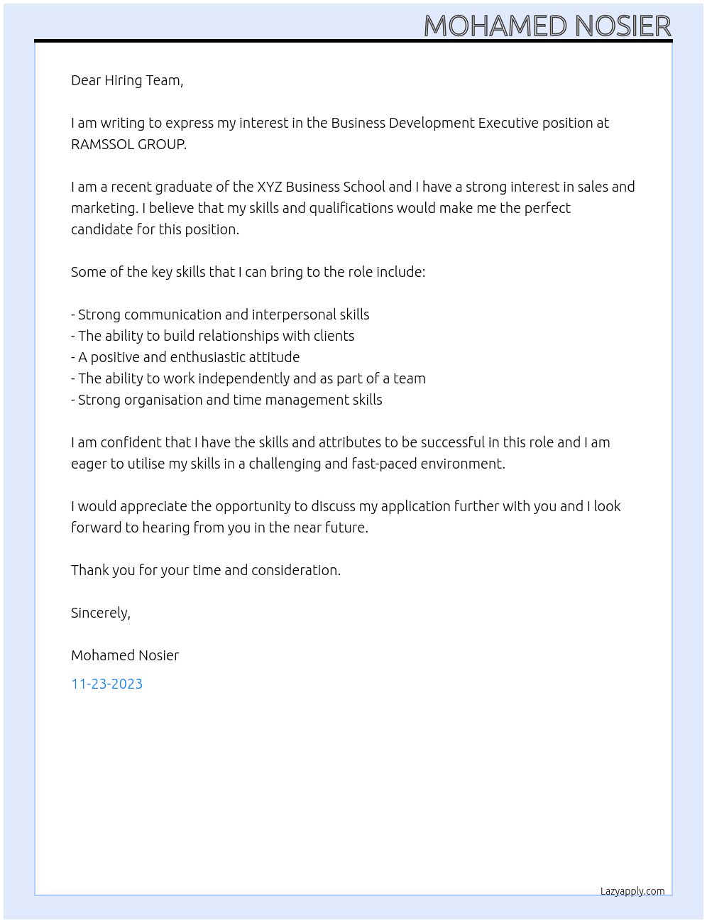 Business Development Executive At RAMSSOL GROUP Cover Letter