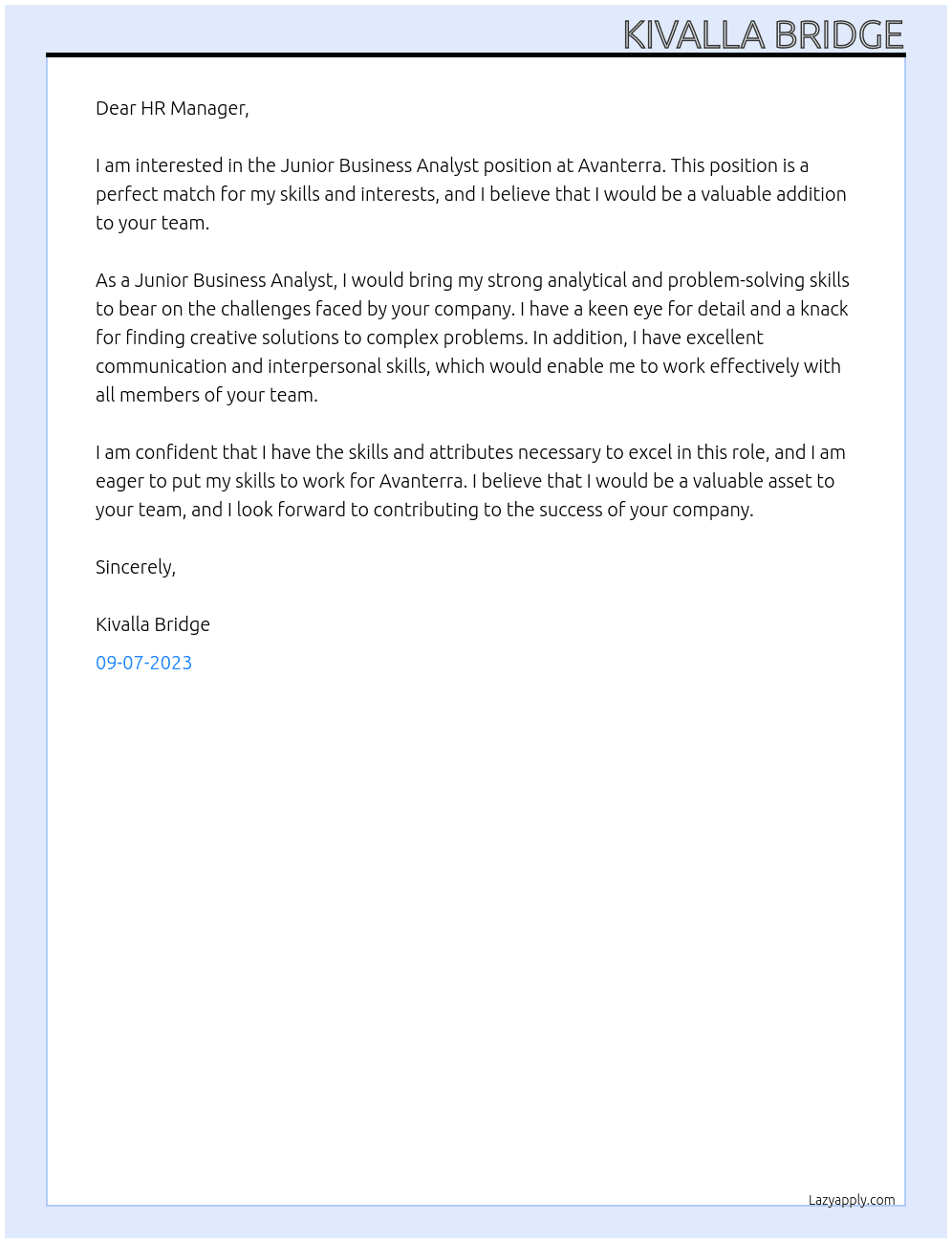 Junior Business Analyst At Avanterra Cover Letter