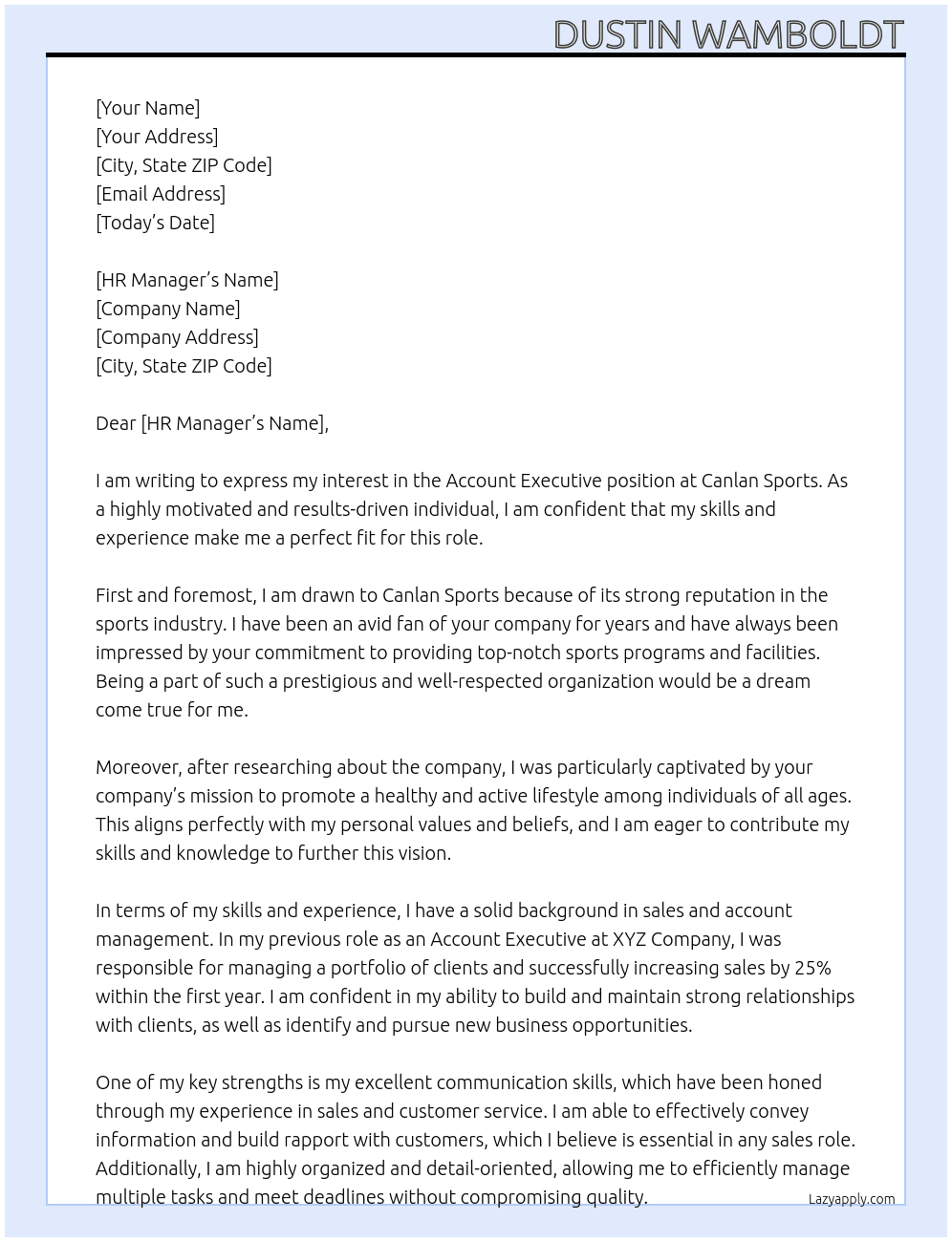 Account executive At Canlan Sports Cover Letter