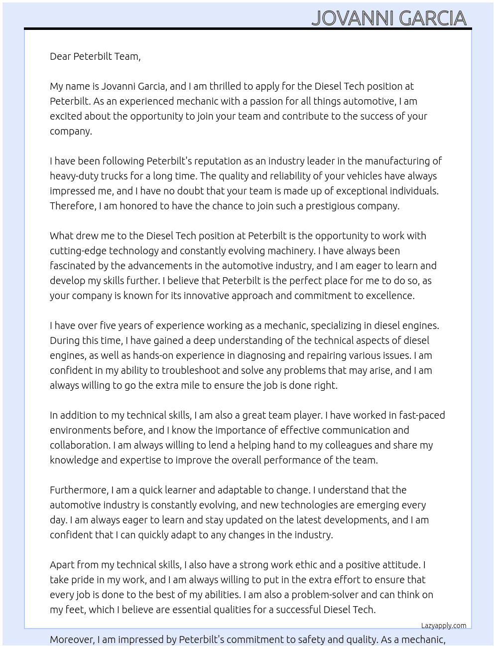 Diesel Tech  At Peterbilt  Cover Letter