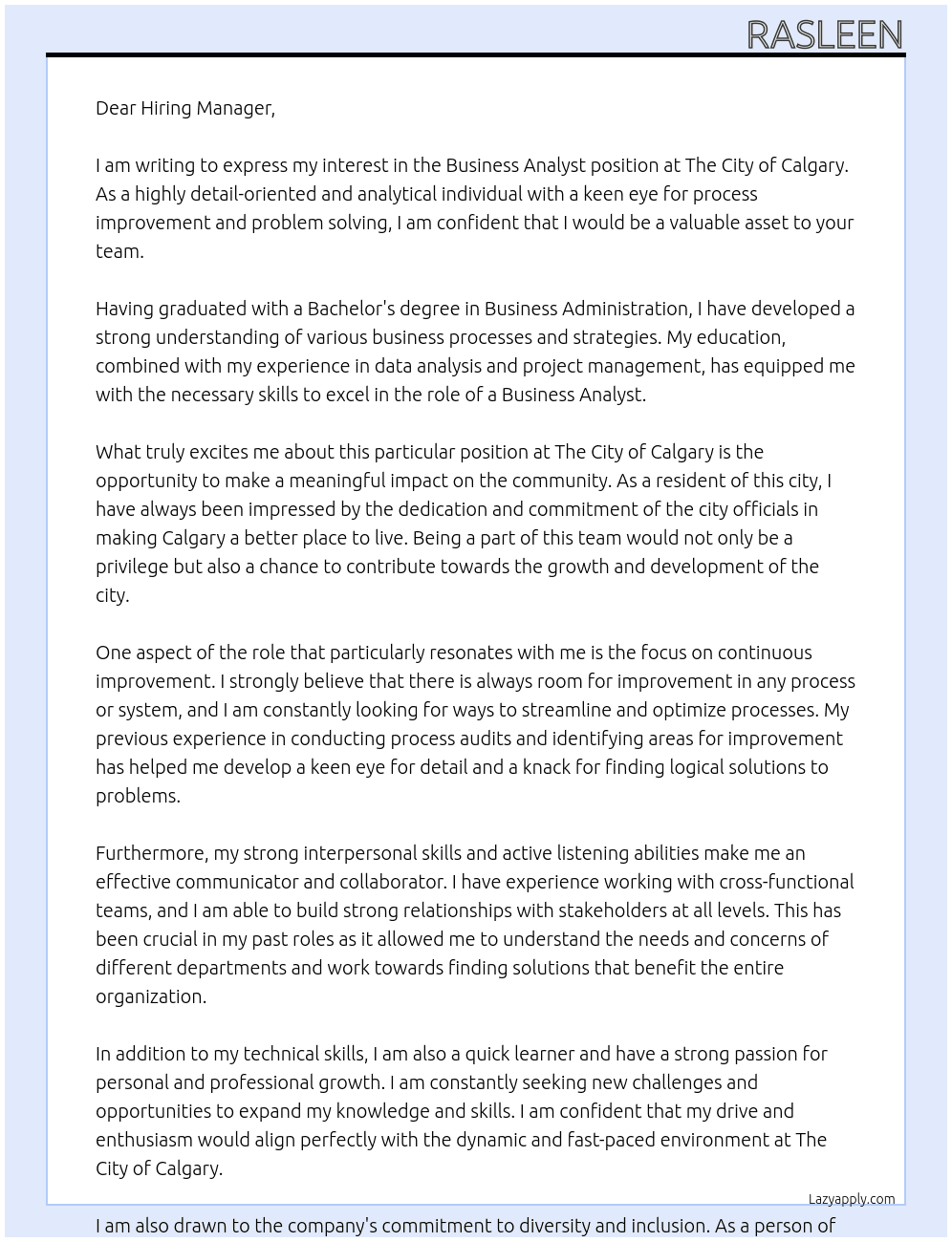 Business analyst At The City of Calgary Cover Letter
