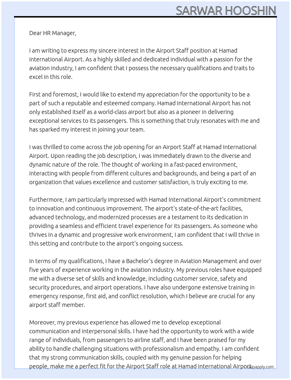 Airport staff At Hamad international airport Cover Letter