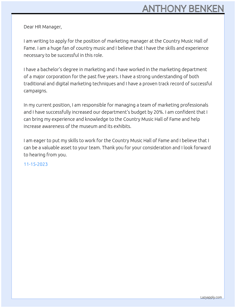 marketing manager At Country Music Hall of Fame Cover Letter
