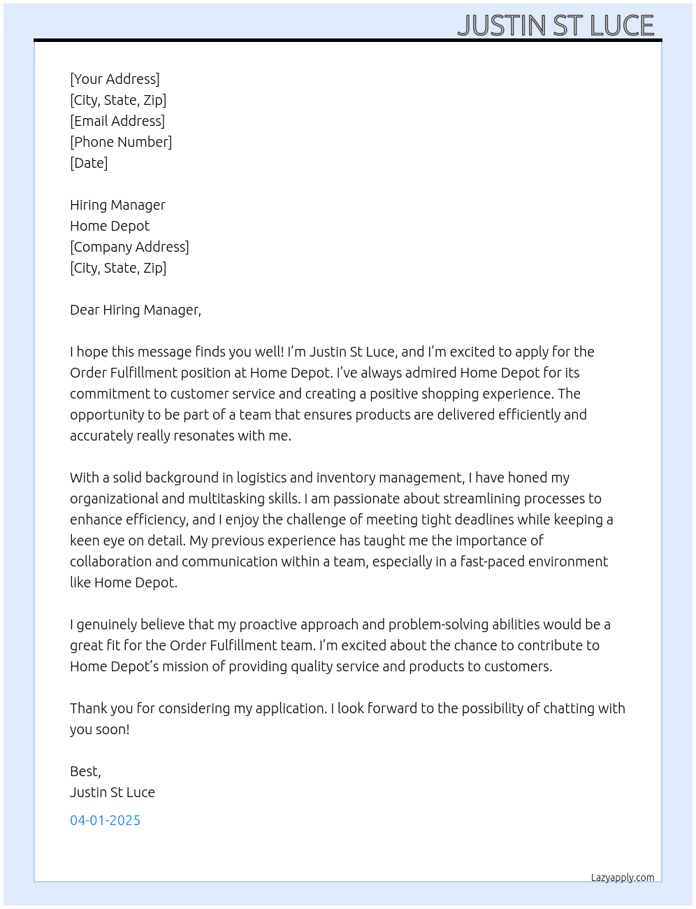 Order Fulfillment  At Home Depot  Cover Letter