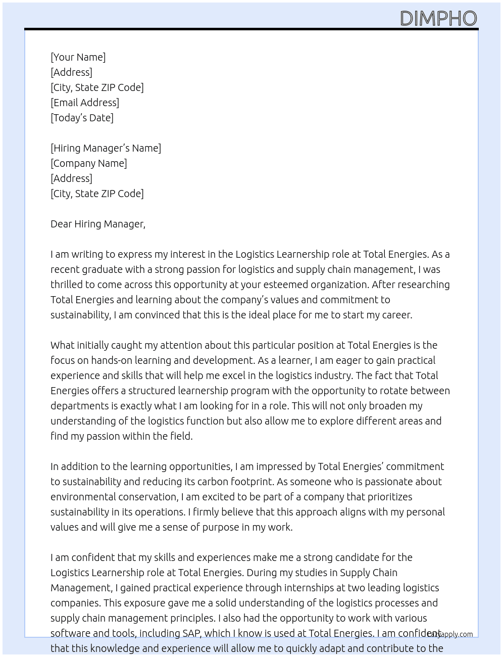 Cover letter for logistics learnership - LazyApply
