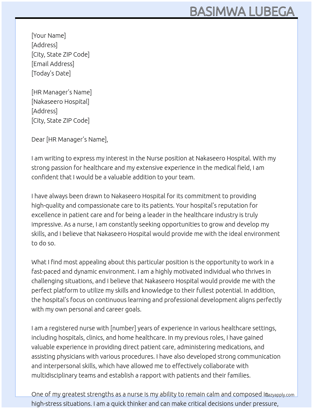 Nurse  At Nakaseero hospital  Cover Letter