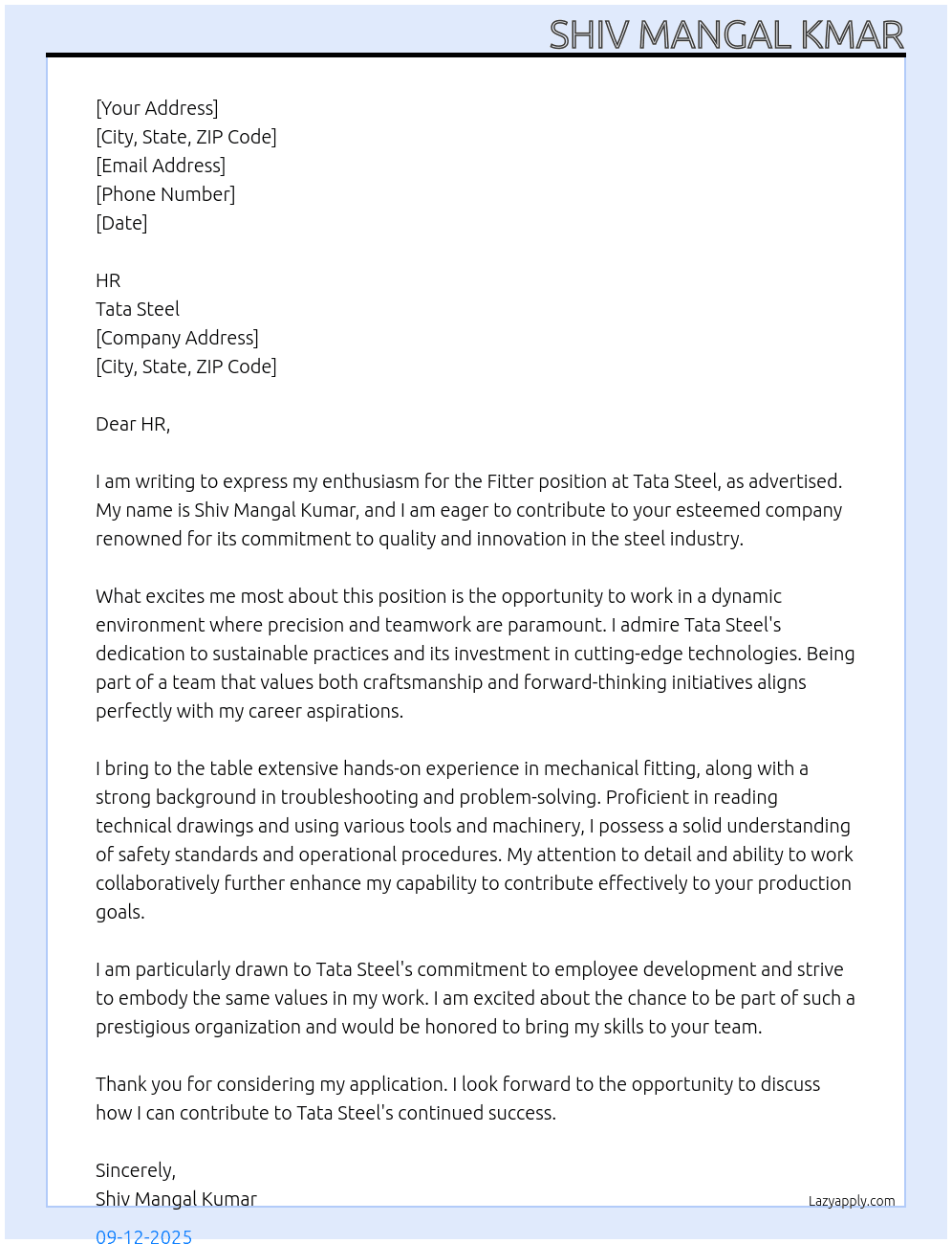 Fitter At Tata Steel Cover Letter