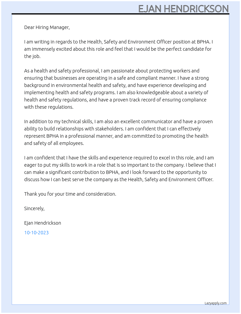 Health, Safety and Environment Officer At BPHA Cover Letter