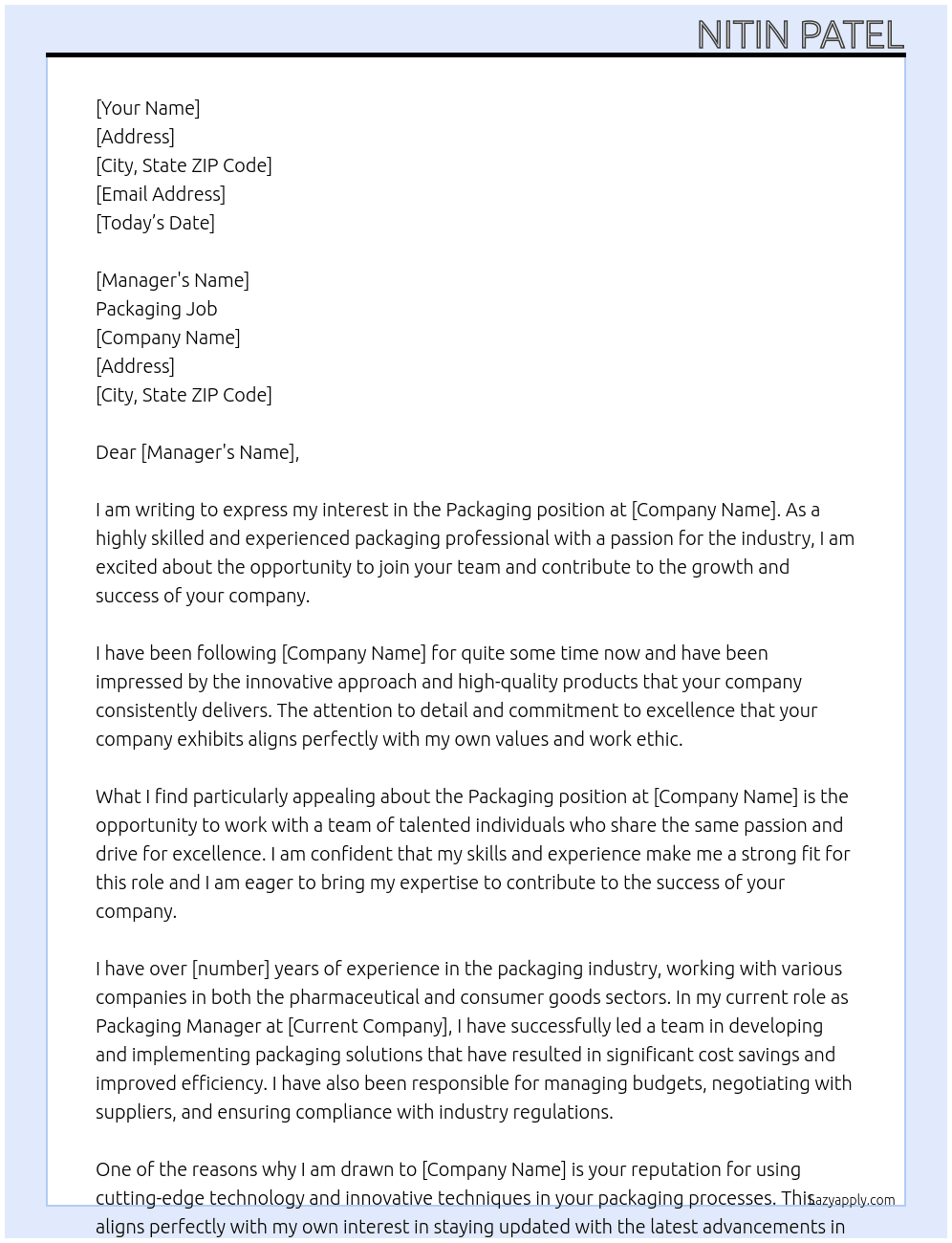 Packaging  At Packaging job  Cover Letter