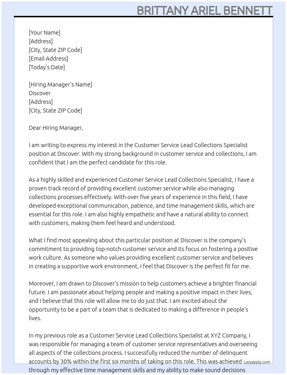 Customer Service  Lead Collections Specialist  At Discover Cover Letter