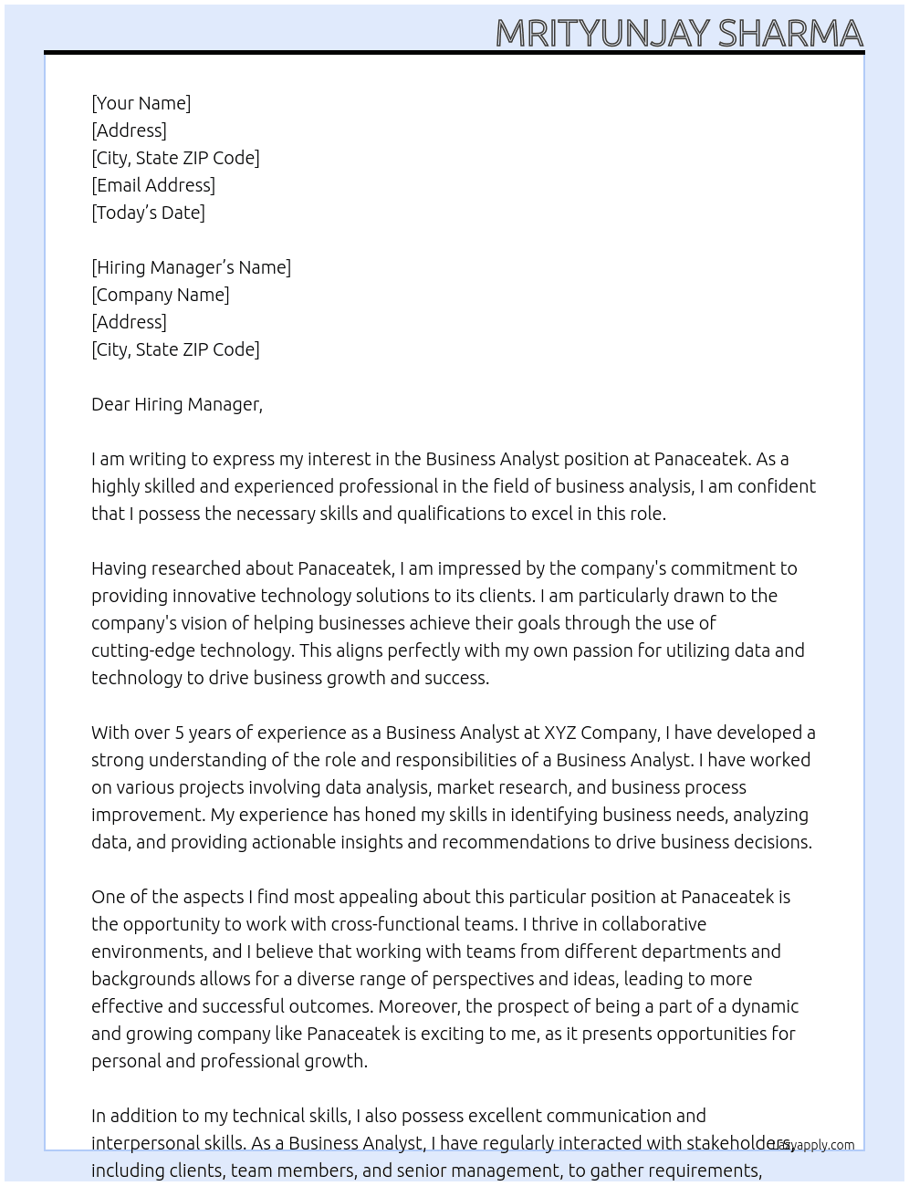 Business Analyst At Panaceatek Cover Letter