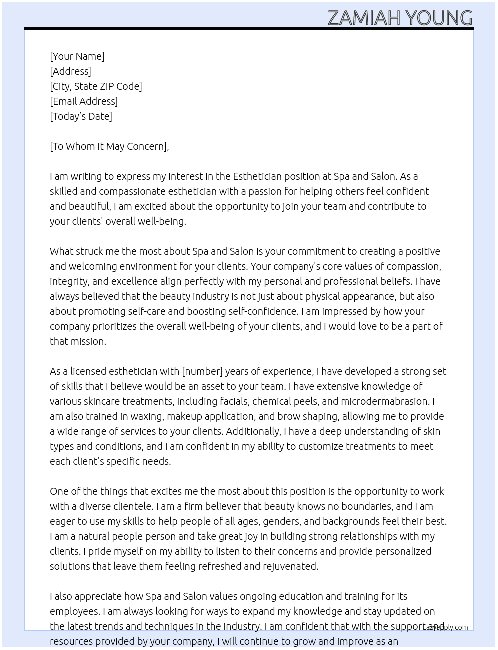 Esthetician  At Spa and Salon Cover Letter