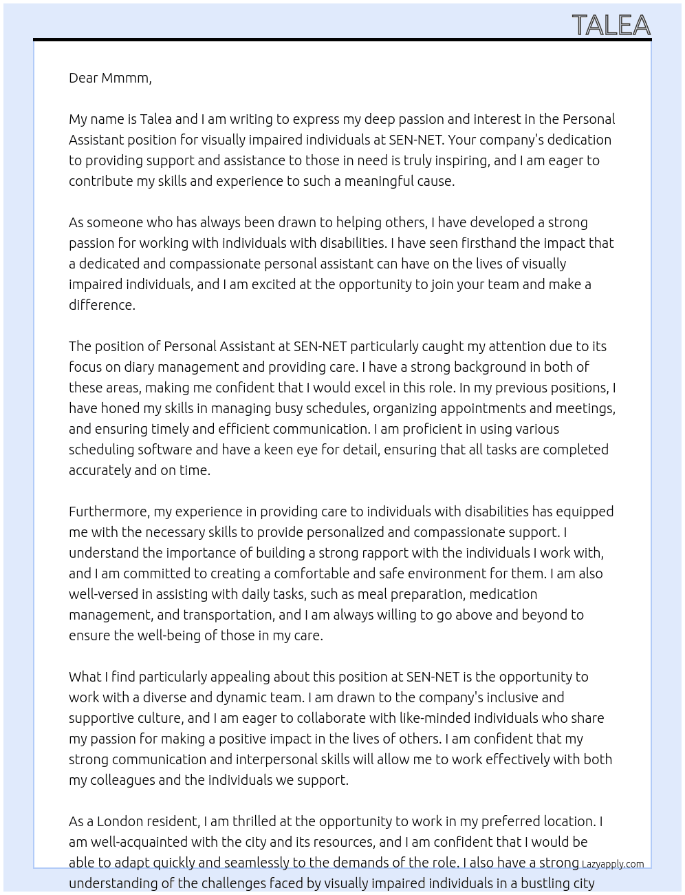Personal Assistant to visually impaired At SEN-NET Cover Letter