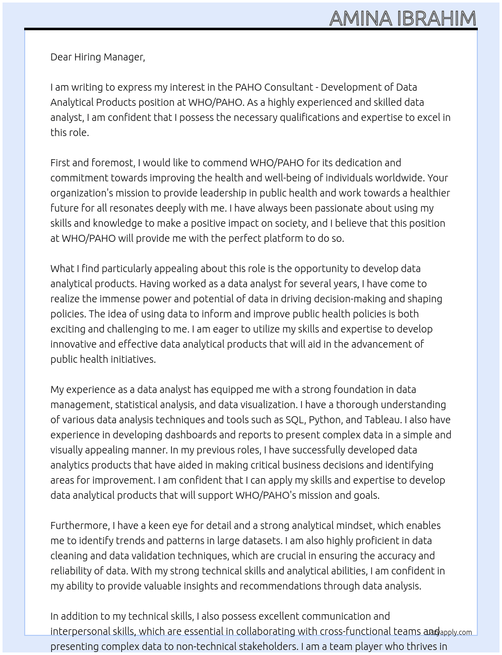 PAHO Consultant - Development of Data Analytical Products At WHO/PAHO Cover Letter