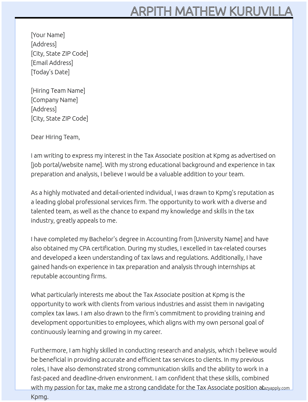 Tax Associate  At Kpmg Cover Letter
