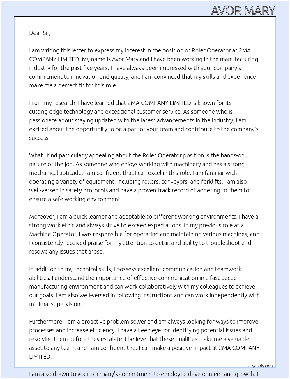 Roler  Operator  At 2MA COMPANY  LIMITED. Cover Letter