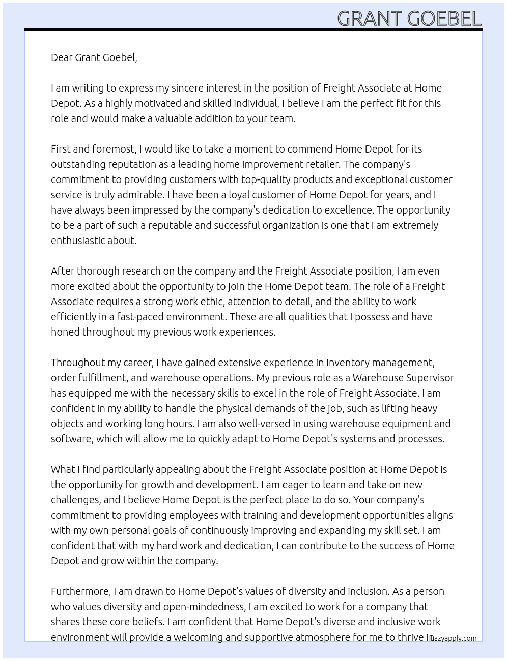 Freight Associate  At Home Depot Cover Letter