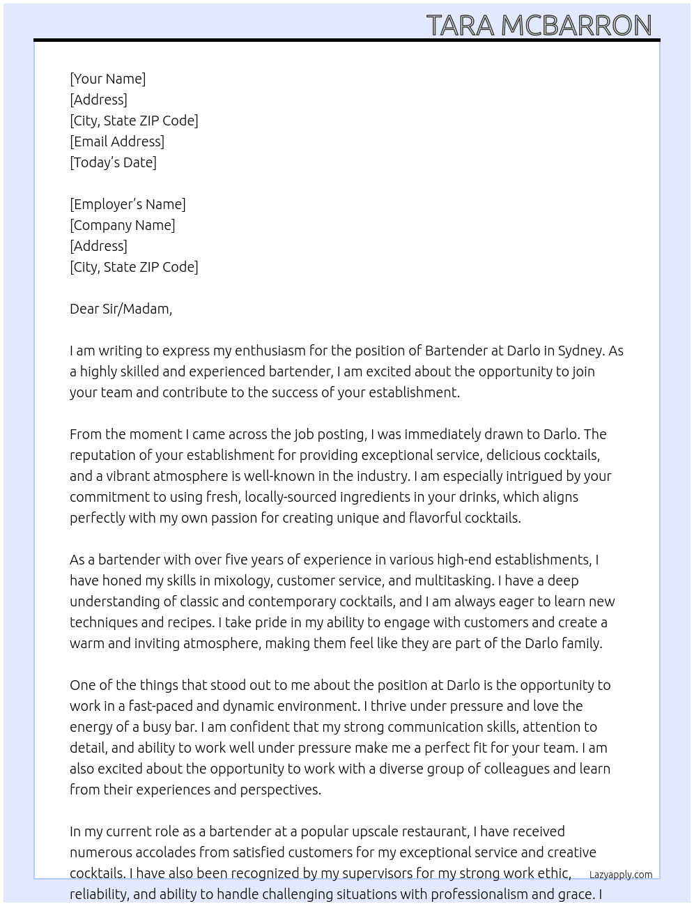 Bartender  At Darlo Cover Letter