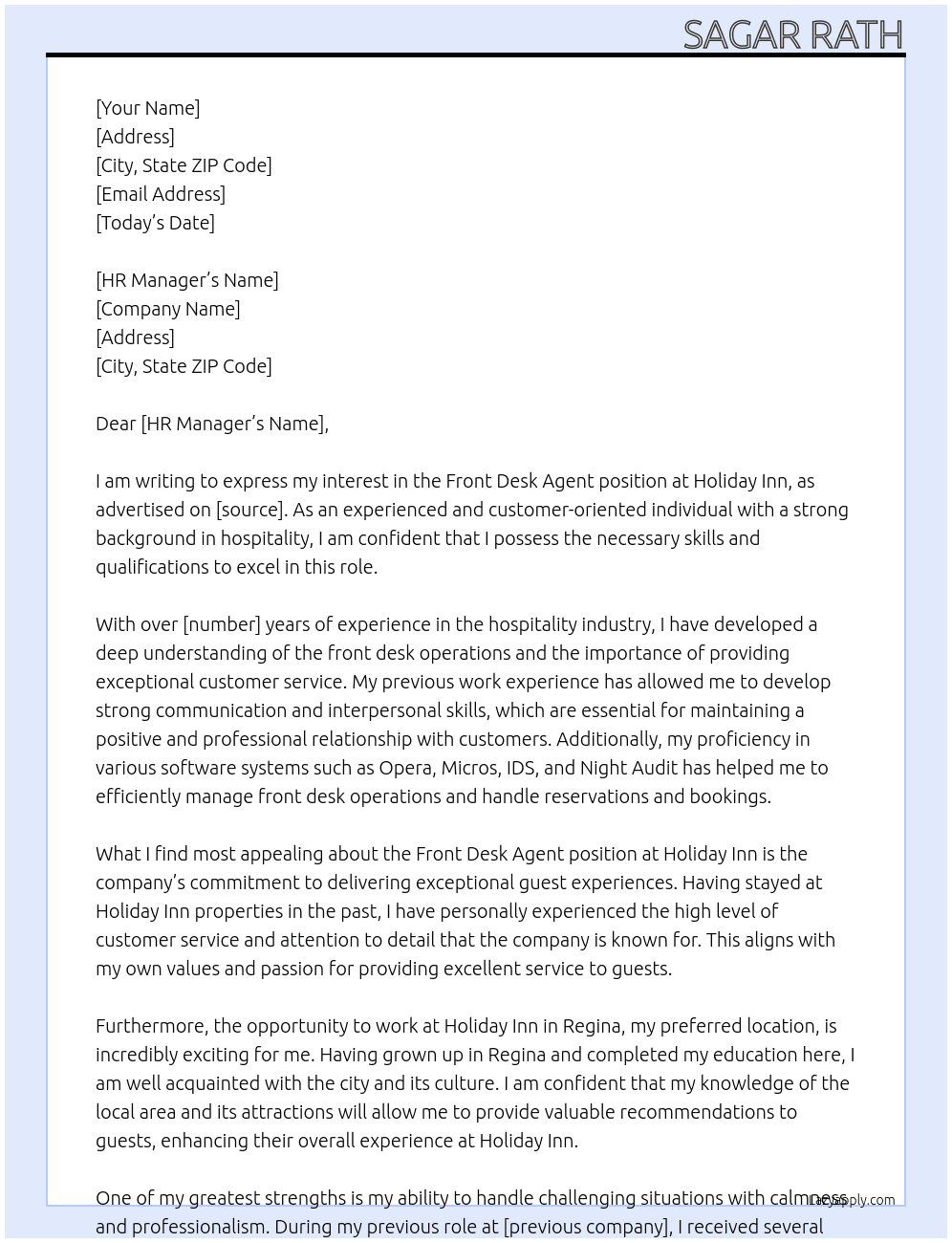 Front Desk agent At Holiday Inn Cover Letter