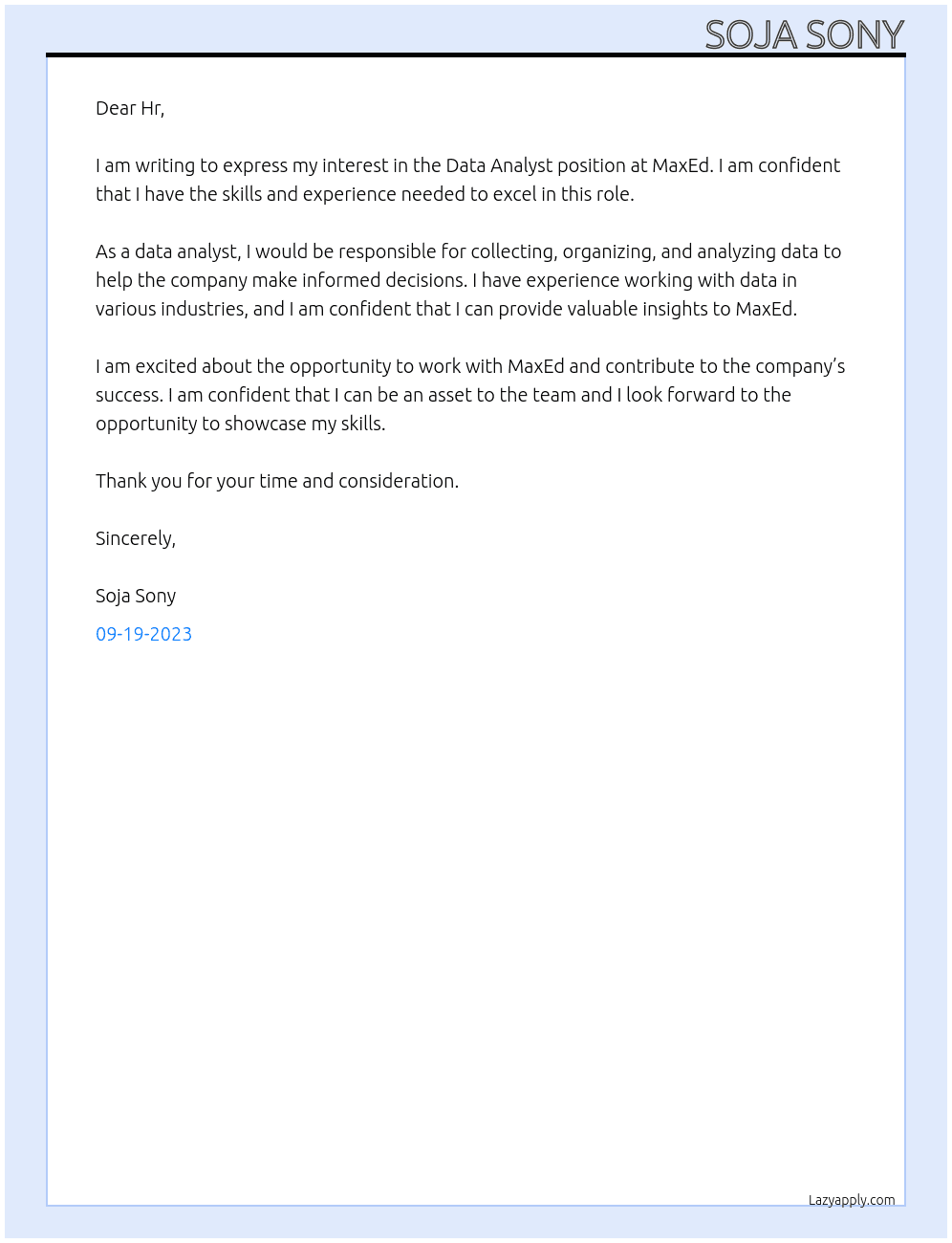 Data Analyst At MaxEd Cover Letter