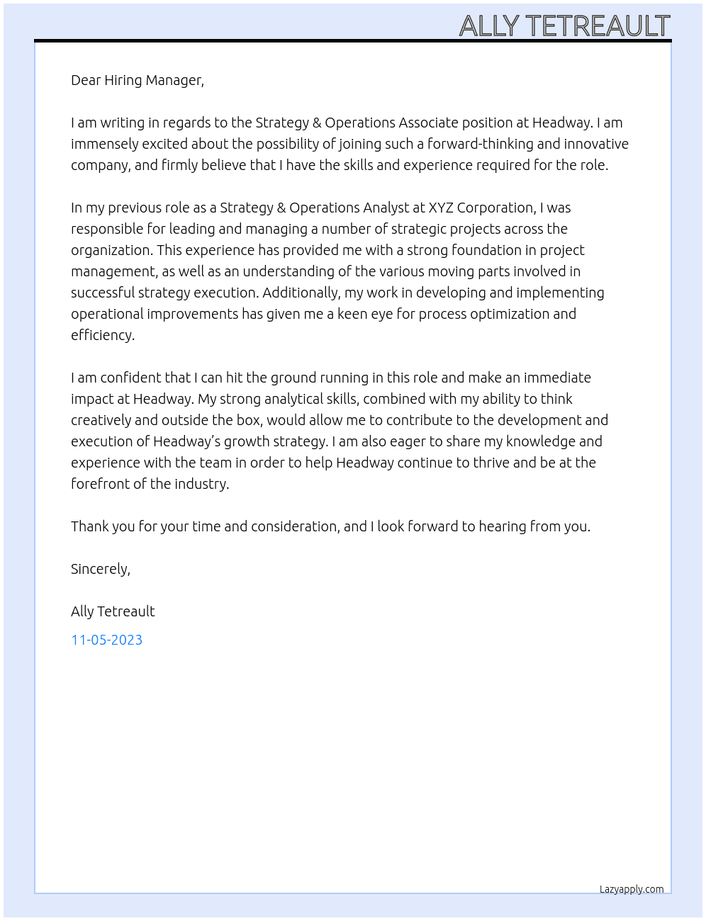 Strategy & Operations Associate At Headway Cover Letter