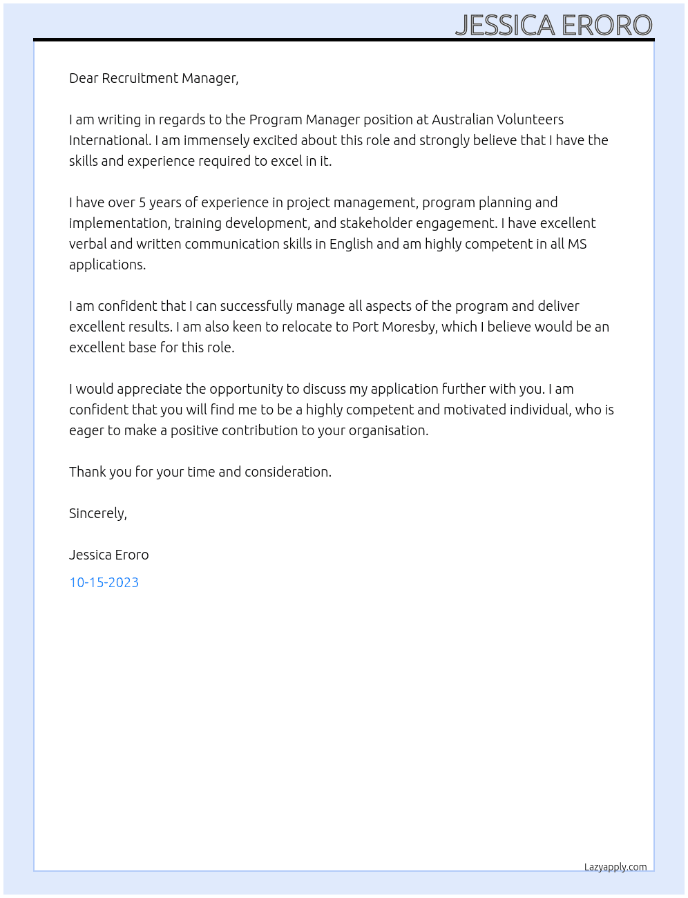 Program Manager At Australian Volunteers International Cover Letter