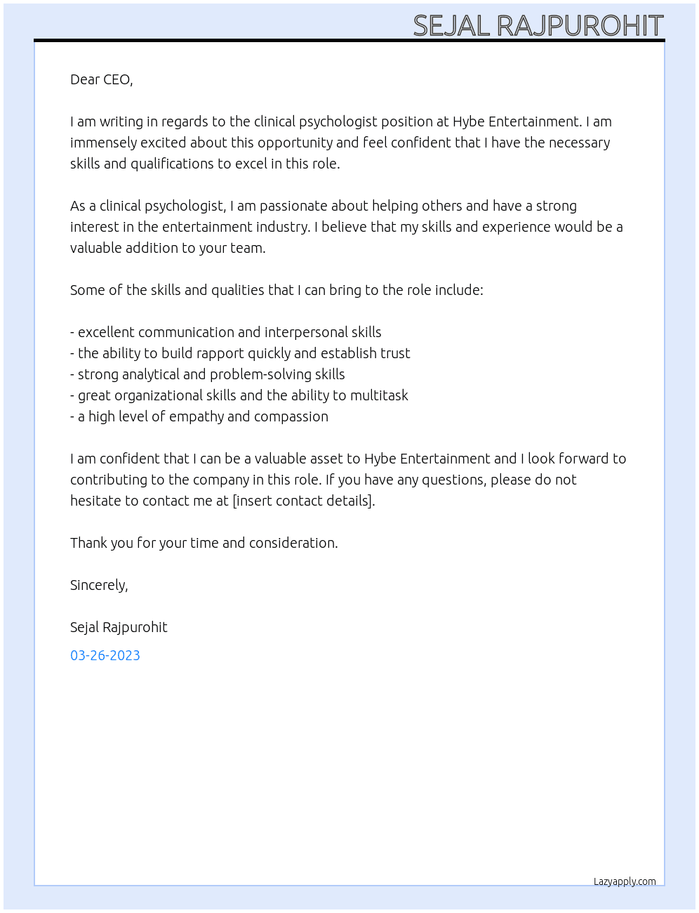 clinical psychologist At hybe entertainment Cover Letter