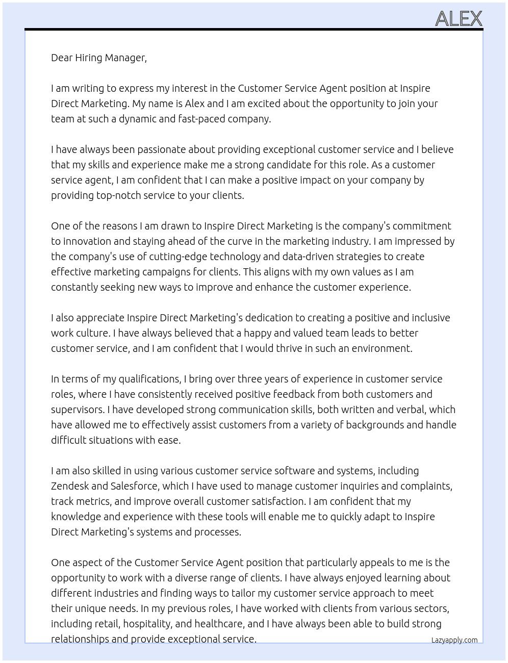 Customer Service Agent At Inspire Direct Marketing Cover Letter