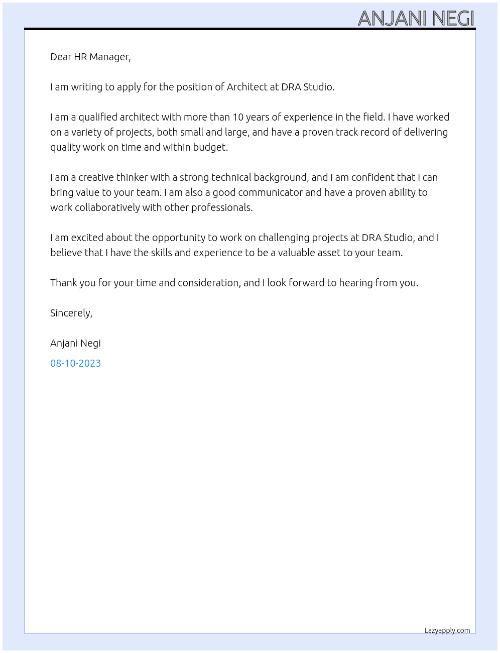 Architect At DRA Studio Cover Letter