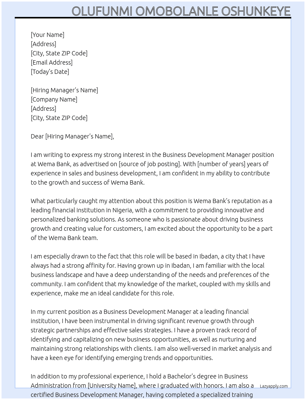 Business Development Manager At Wema Bank  Cover Letter