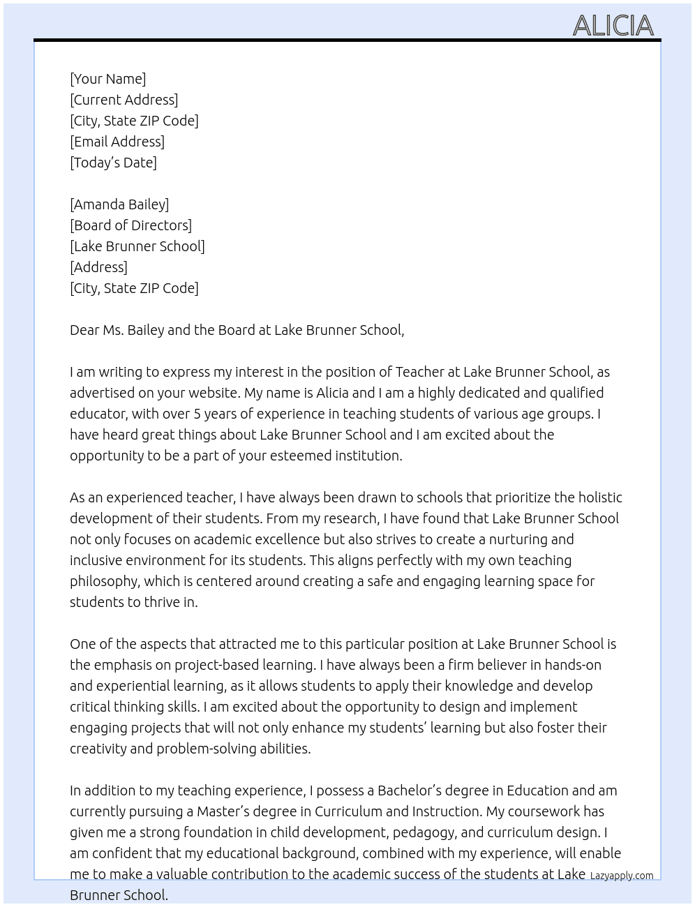 Teacher  At Lake Brunner School  Cover Letter
