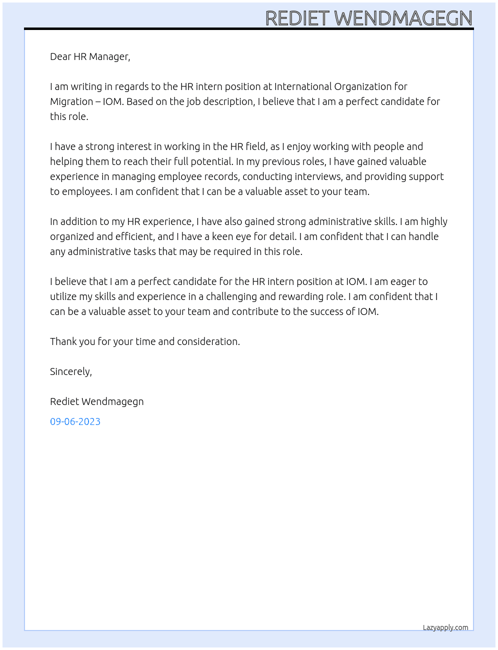 HR intern  At International Organization for Migration – IOM Cover Letter