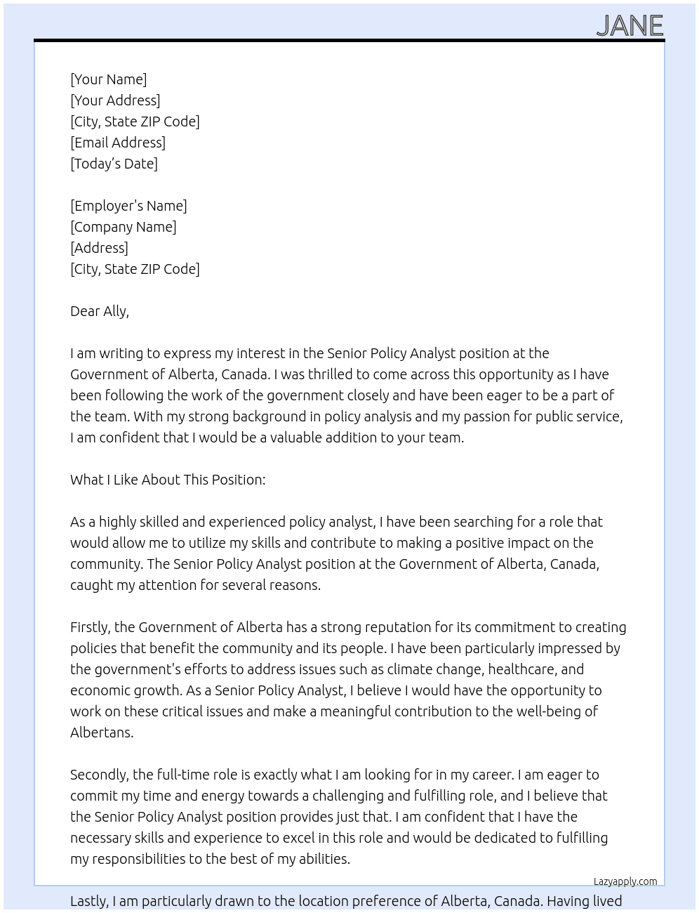 Senior Policy Analyst At government Cover Letter