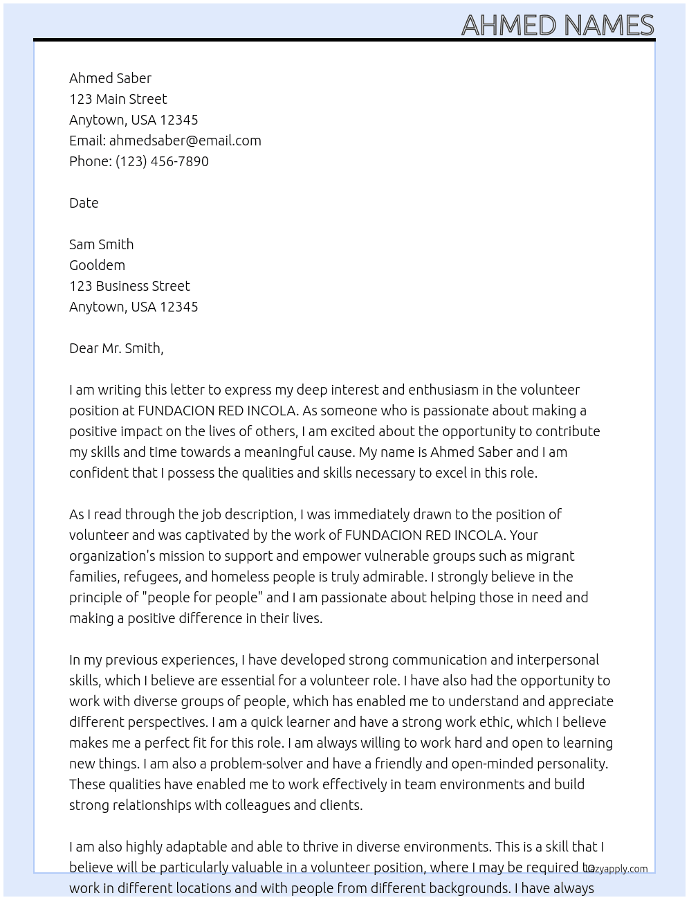 volunteer At gooldem Cover Letter