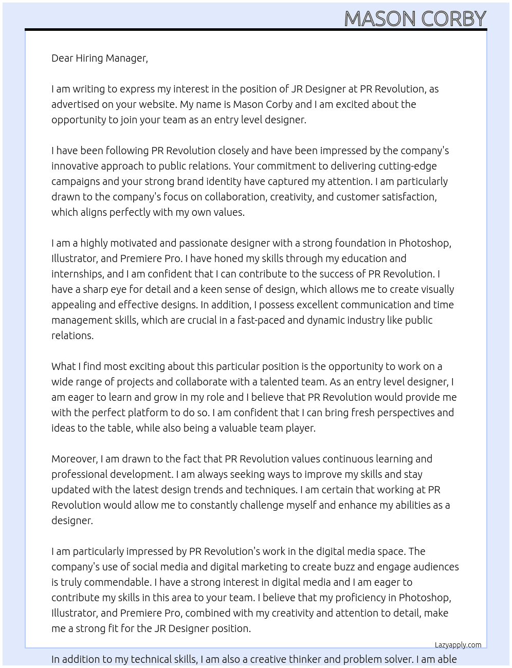 JR Designer At Pr Revolution Cover Letter