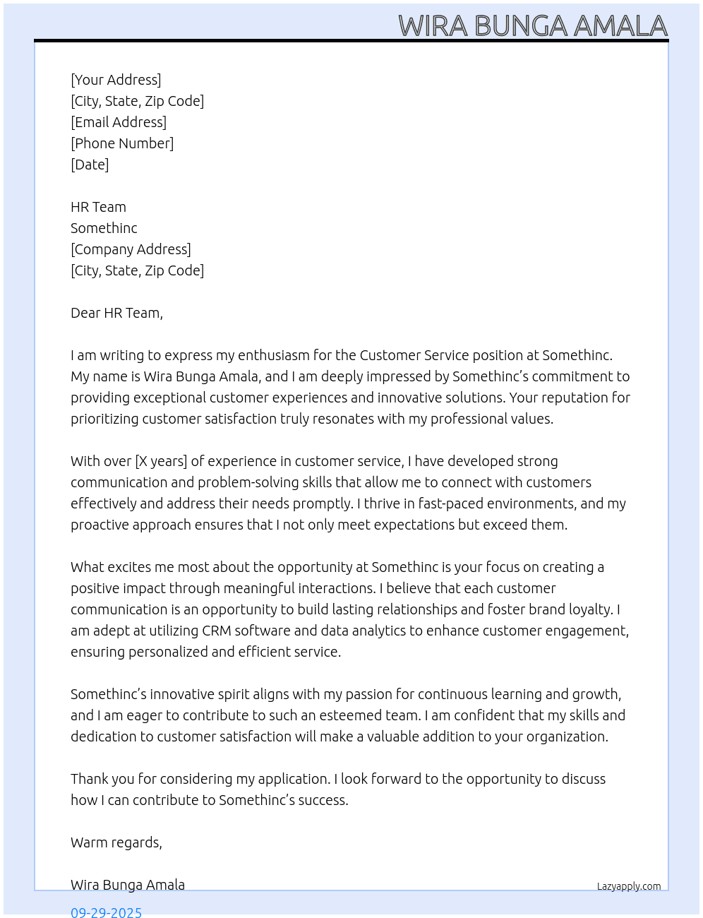Customer service  At Somethinc  Cover Letter