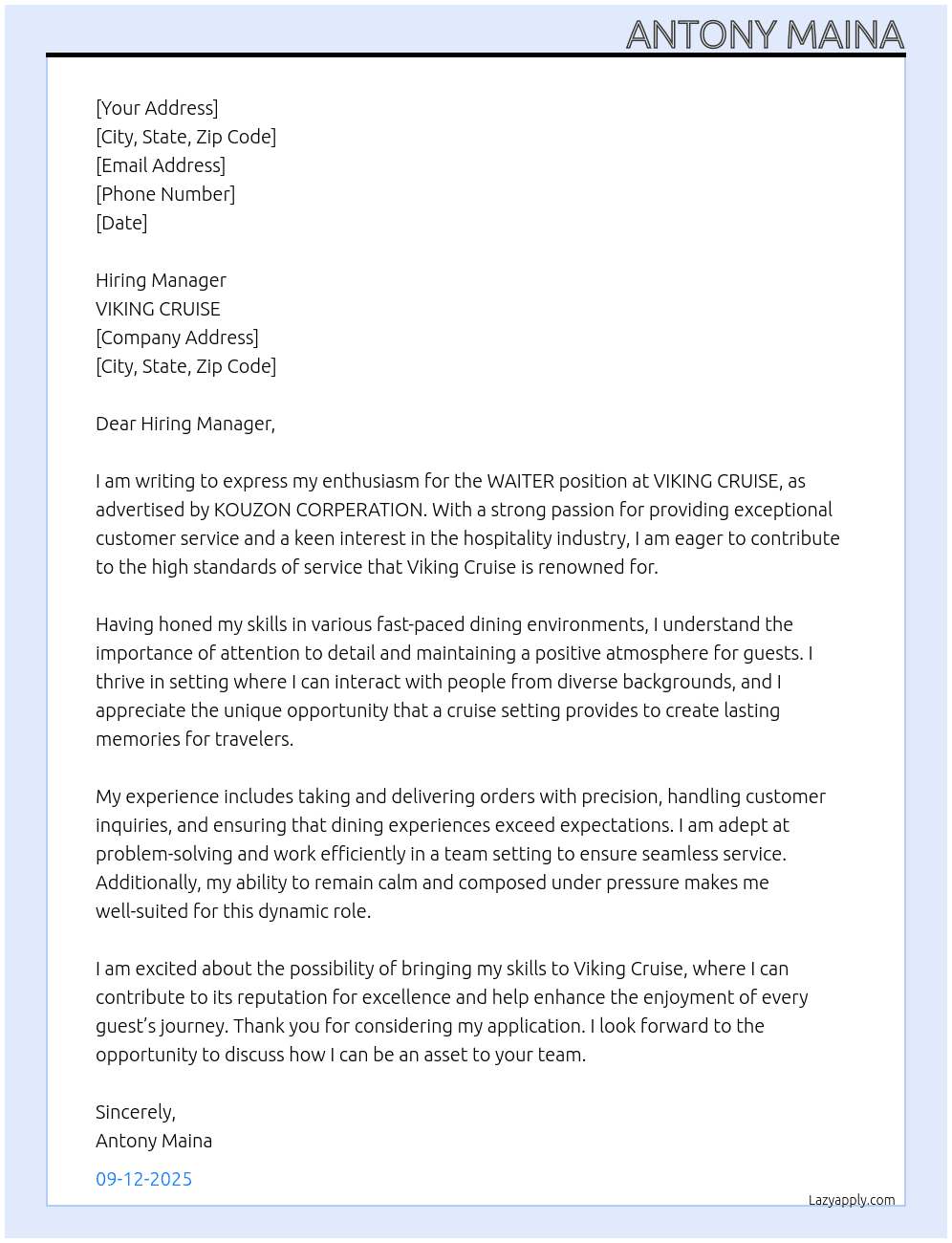 WAITER At VIKING CRUISE Cover Letter