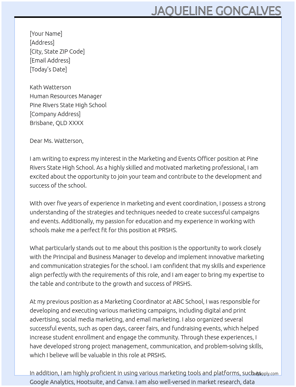 Marketing and Events Officer At Pine Rivers State High School Cover Letter