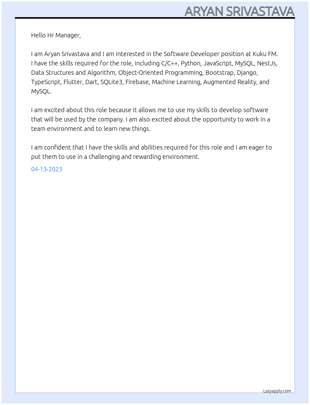 Software Developer At Kuku FM Cover Letter