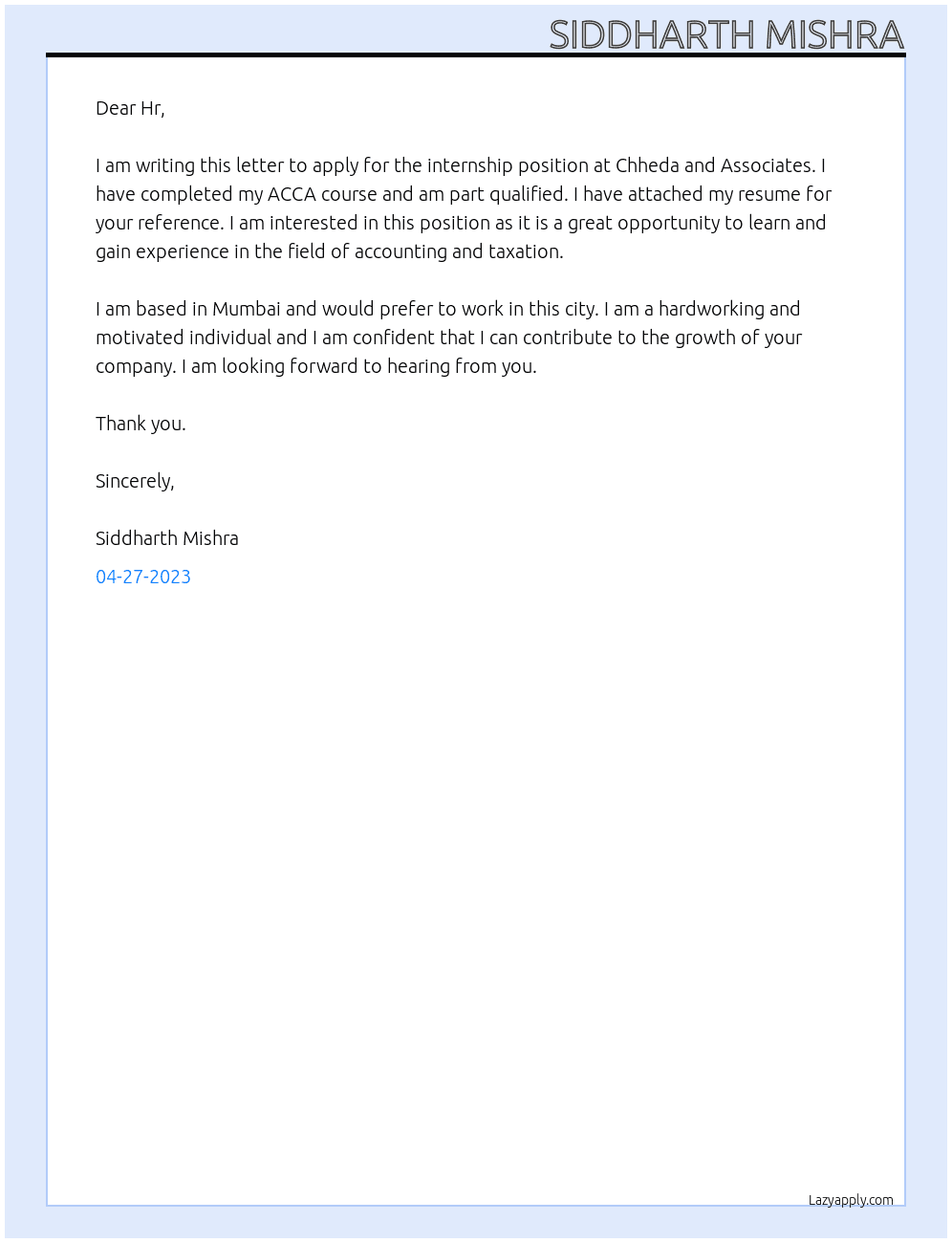 Internship  At Chheda and associates  Cover Letter