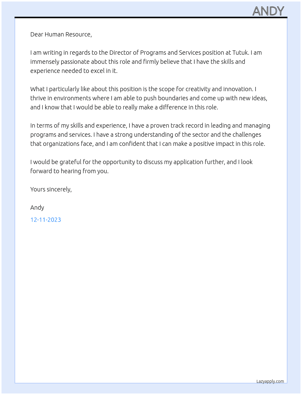 director of programs and services  At tutuk Cover Letter