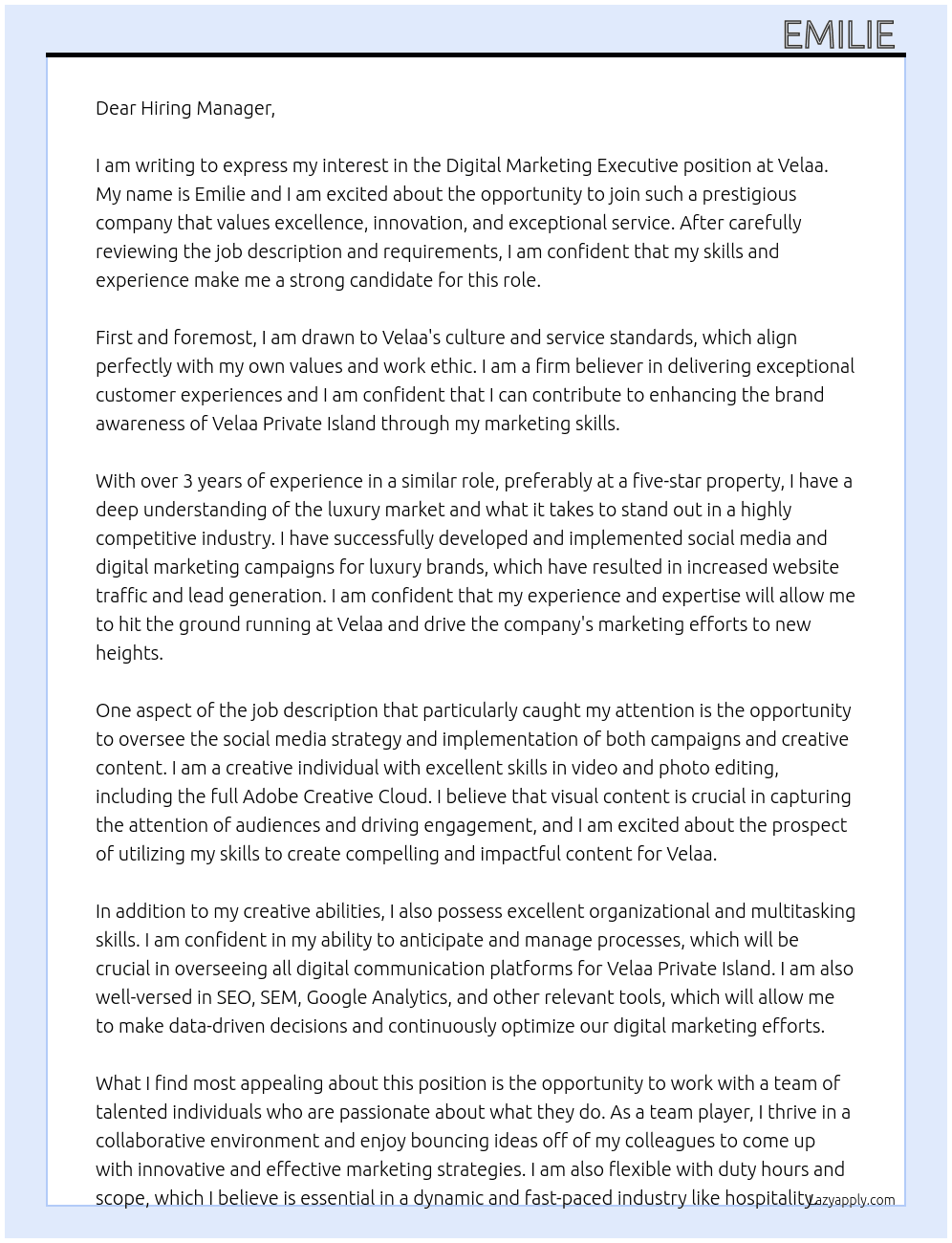 Digital Marketing Executive At Velaa Cover Letter