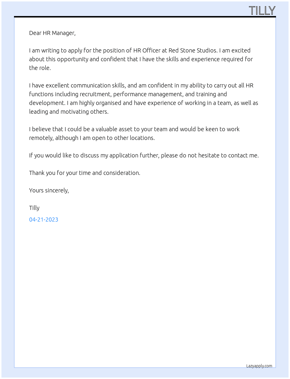 HR Officer At Red Stone Studios Cover Letter
