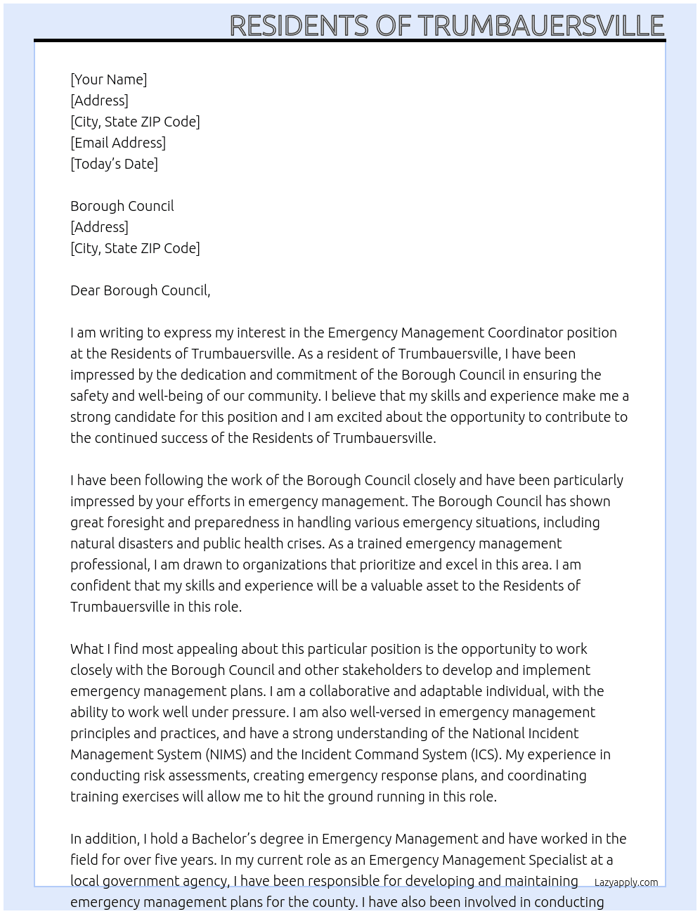 Emergency Management Coordinator At Residents of Trumbauersville Cover Letter