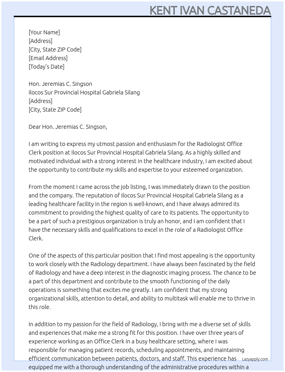 Radiologist Office Clerk At Ilocos Sur Provincial Hospital Gabriela SIlang Cover Letter